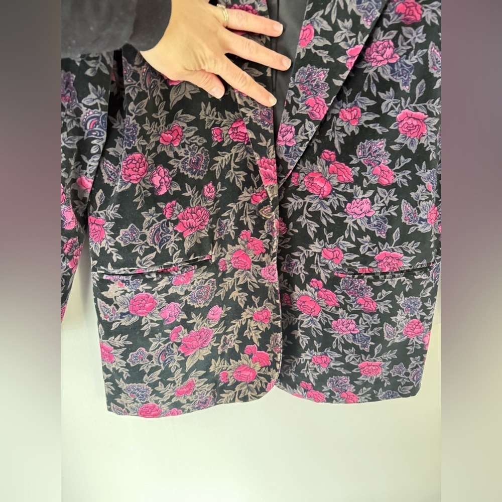 VTG Mark Alan Blazer Jacket Black Gray Pink Floral Size 8 M Lined Pockets Cotton - Picture 3 of 8